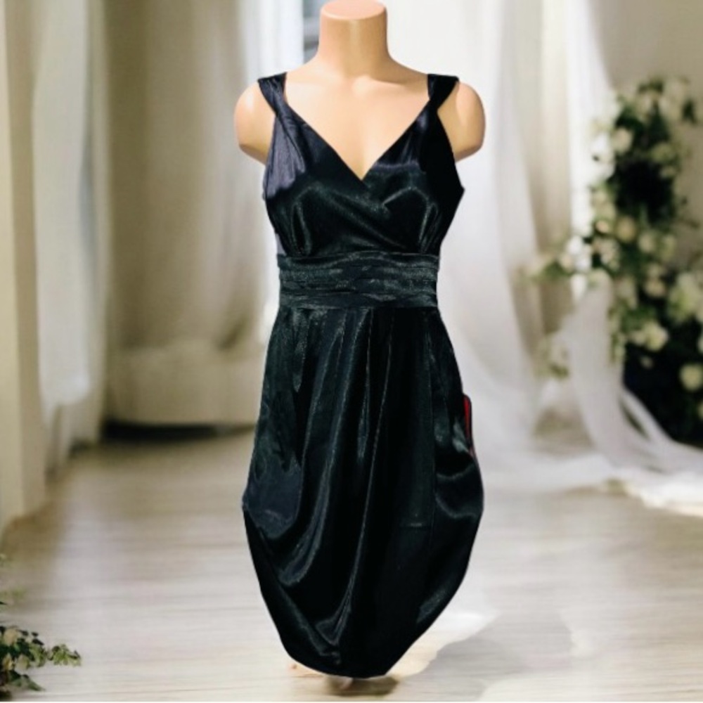London Times Black Satin Cocktail Dress Wedding Guest Homecoming Bodycon 8 NWT
